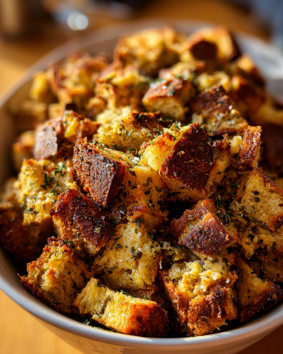 Close-up of golden brown, herb-seasoned bread cubes in a bowl of crock pot stuffing.