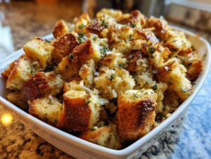 Close-up of fluffy, golden-brown bread cubes in a white dish, representing delicious crock pot stuffing with herbs.