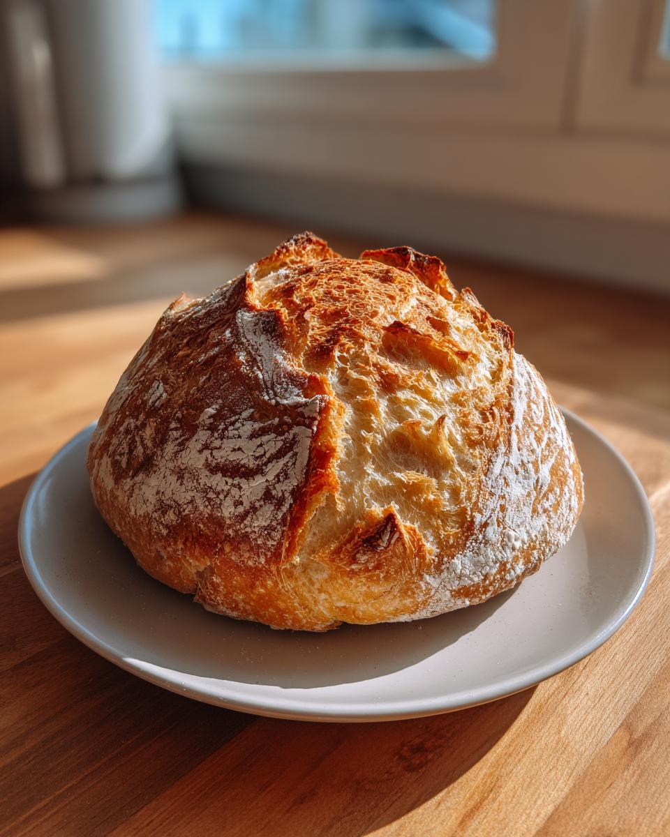 A perfectly baked, round loaf of italian bread with a golden, cracked crust dusted with flour, resting on a plate.