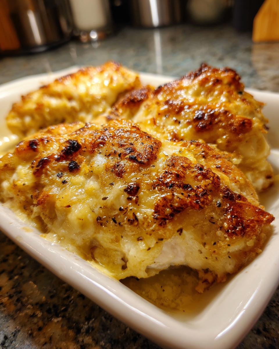 Close-up of three baked chicken breasts covered in golden, bubbly garlic parmesan sauce.
