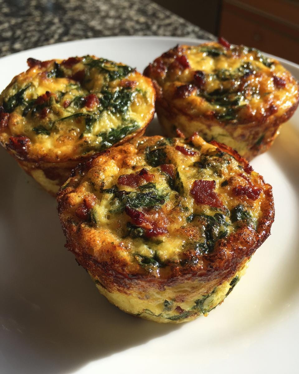 Three golden-brown mini quiche muffins, featuring bacon and spinach, served on a white plate.