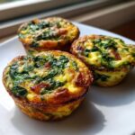Three golden brown mini quiche muffins featuring spinach and bits of bacon, resting on a white plate.