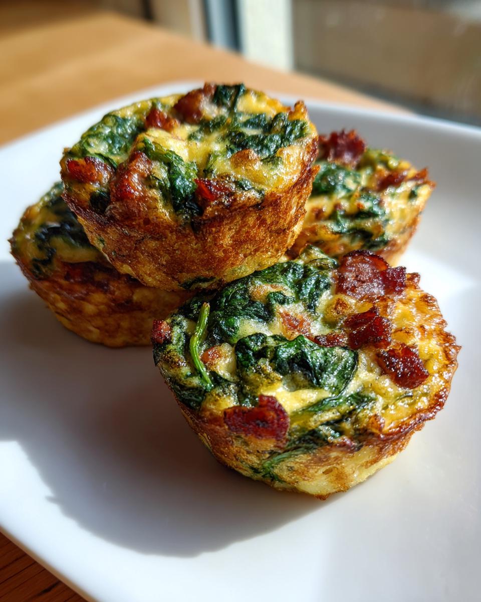 A stack of four golden brown mini quiche muffins filled with spinach and bacon pieces on a white plate.