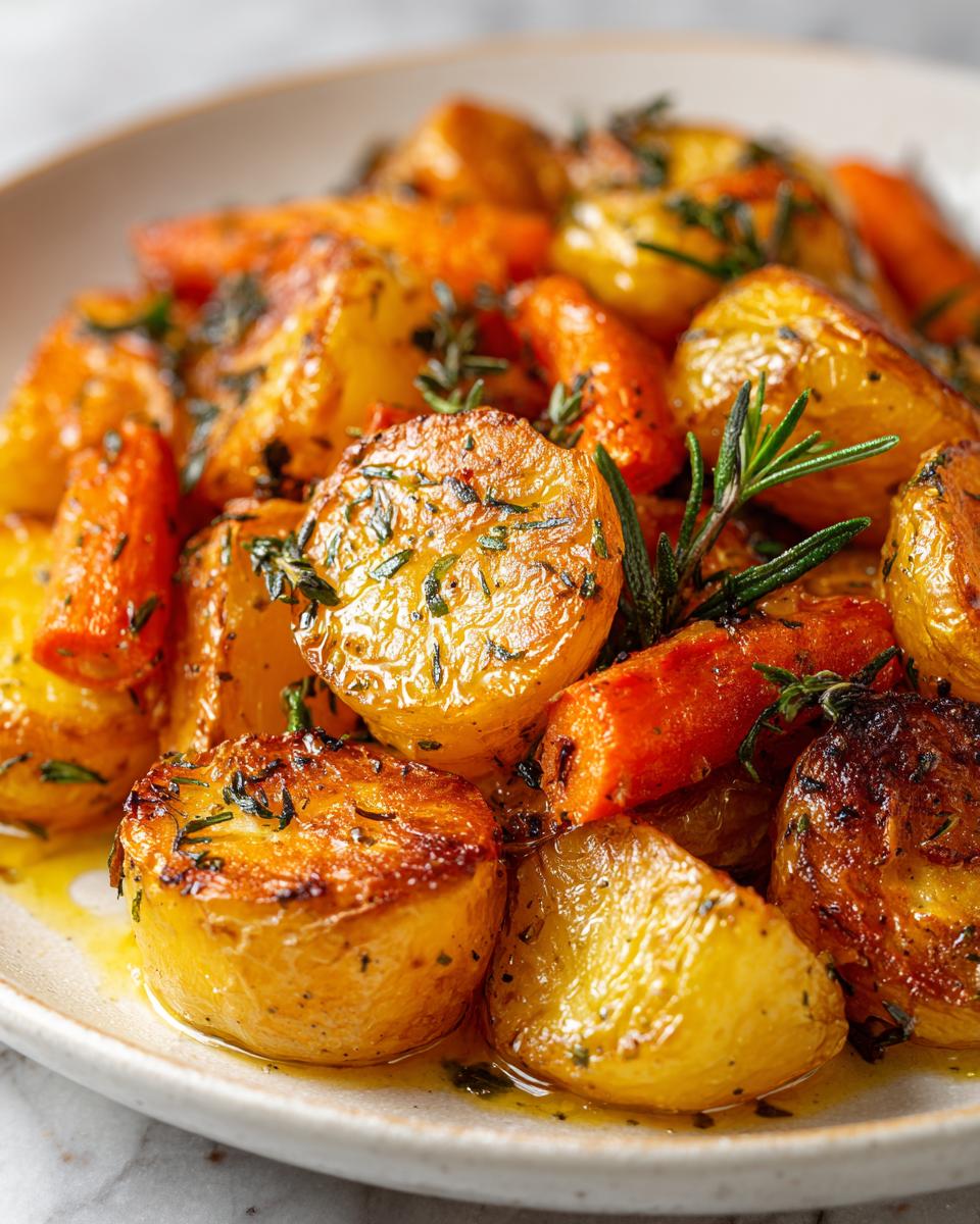 Close-up of golden, perfectly roasted potatoes and carrots seasoned with rosemary and herbs.