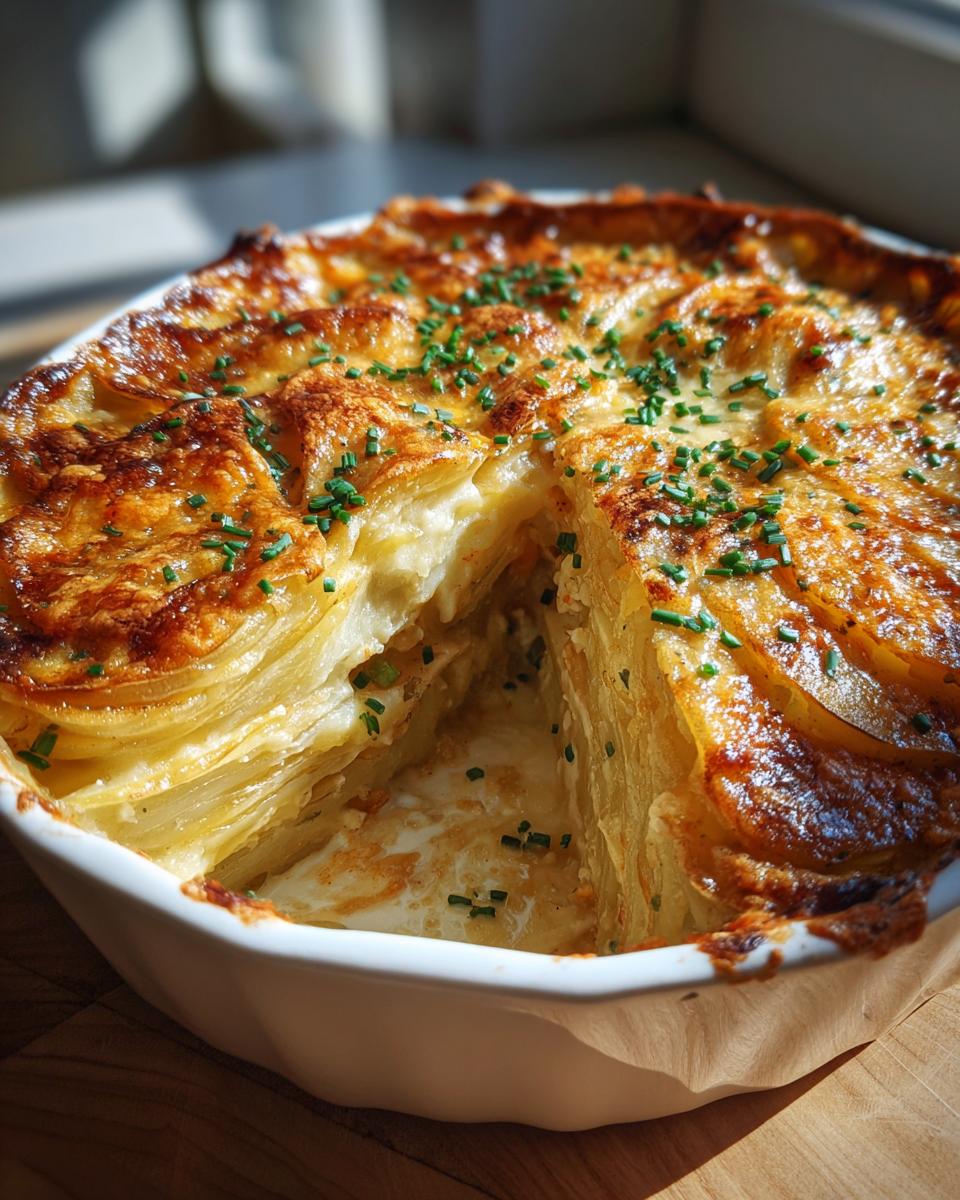 A close-up of baked scalloped potatoes with a golden-brown crust, showing layers of creamy potatoes and topped with fresh chives.