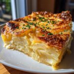 A thick, golden-brown slice of creamy scalloped potatoes topped with fresh chives on a white plate.