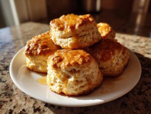 A stack of freshly baked, golden sweet potato biscuits drizzled with honey on a white plate.