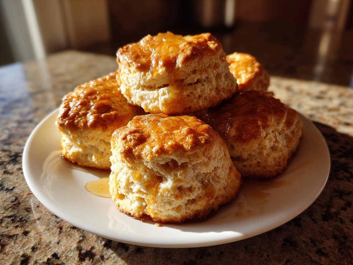 A stack of freshly baked, golden sweet potato biscuits drizzled with honey on a white plate.
