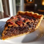 A close-up, gooey slice of pecan pie showing the rich filling and whole pecans on top, served on a white plate.