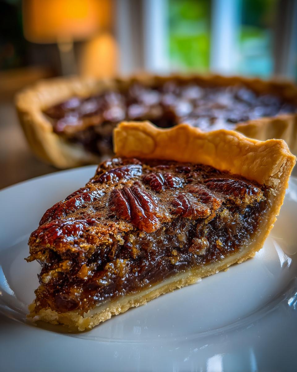 Close-up of a gooey slice of pecan pie with a flaky crust, showing the rich filling and pecans on top.