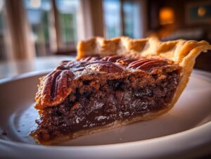 Close-up of a gooey slice of pecan pie showing the rich filling and whole pecans on top.