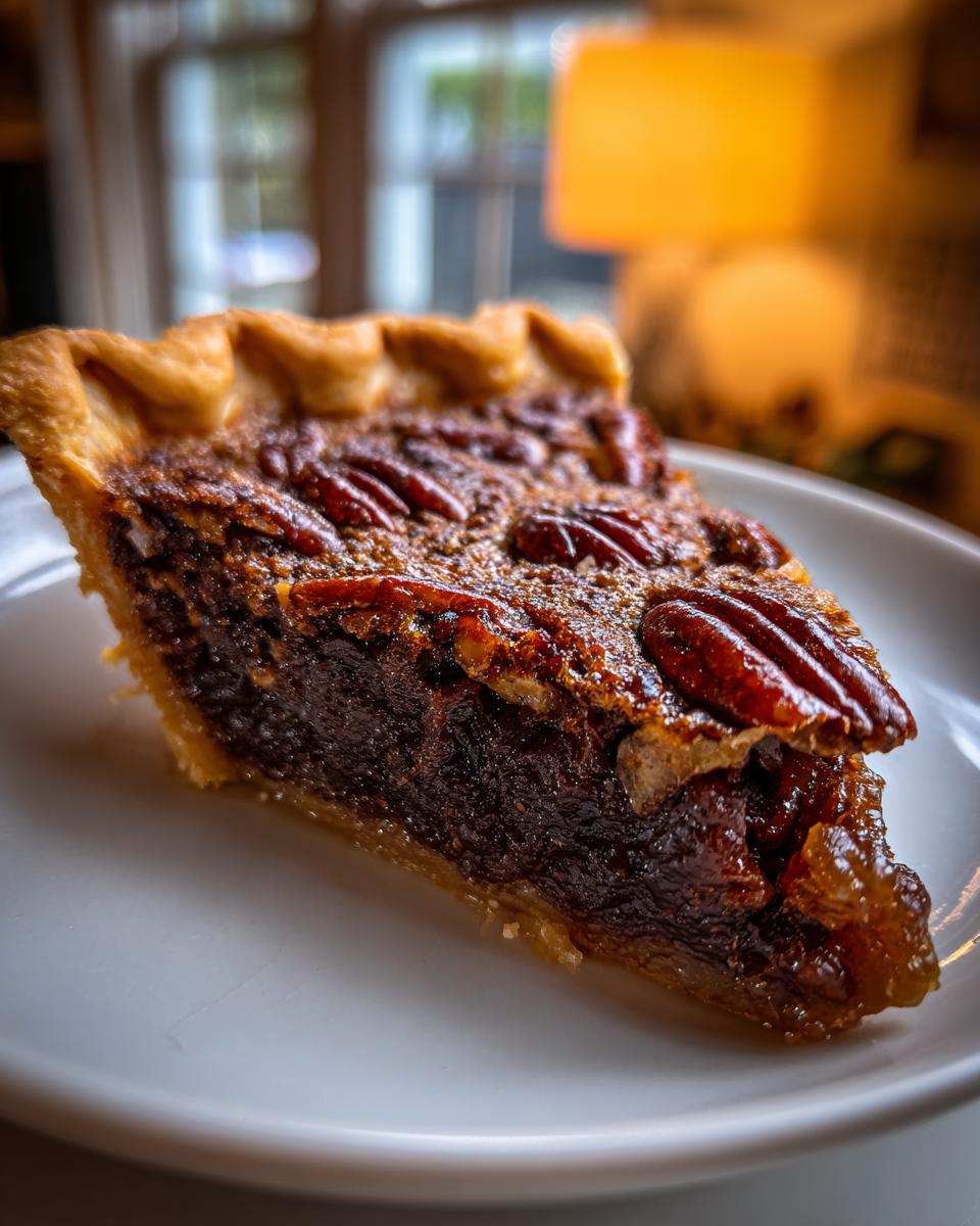 Close-up of a gooey slice of pecan pie showing the dark filling and whole pecans on top, served on a white plate.