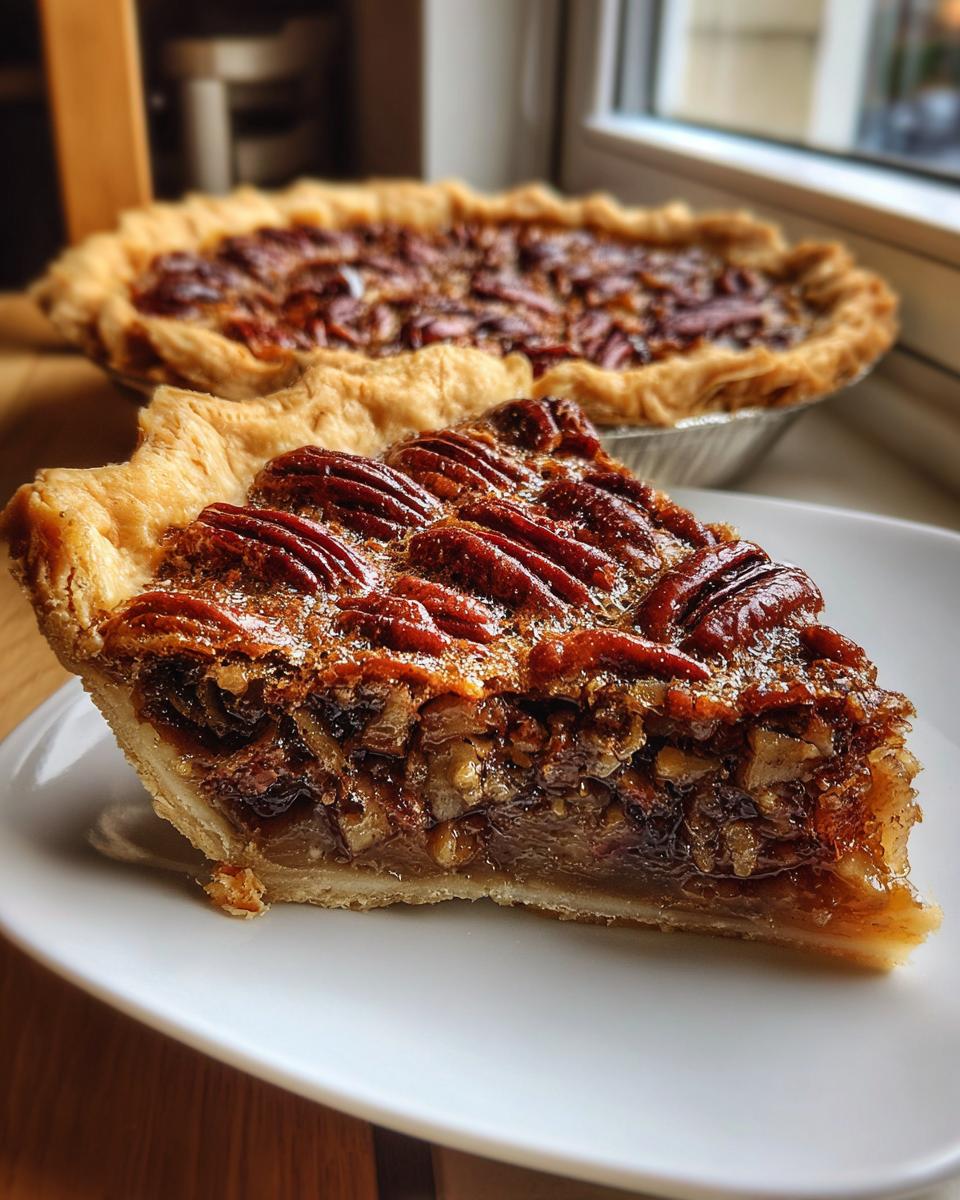 A close-up of a gooey slice of pecan pie with a flaky crust, set against a whole pecan pie in the background.