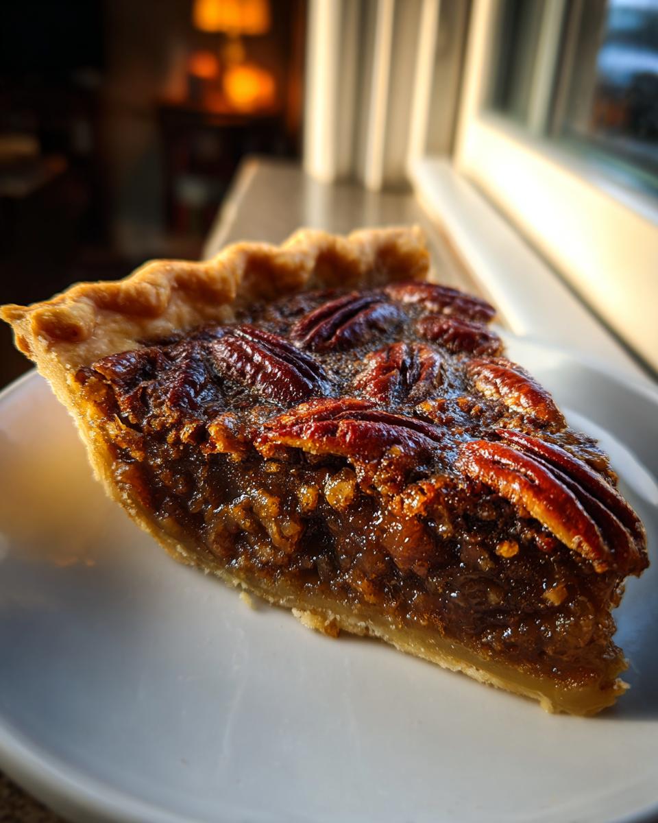 A close-up of a gooey slice of pecan pie with whole pecans on top, sitting on a white plate.