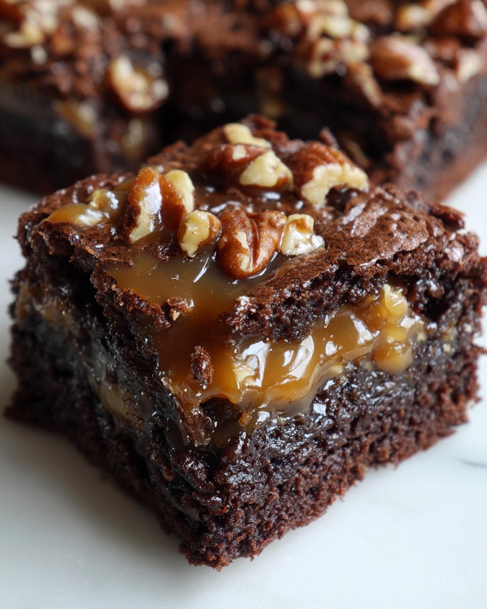 A decadent, fudgy square of turtle brownies featuring a gooey caramel layer and topped with chopped pecans.