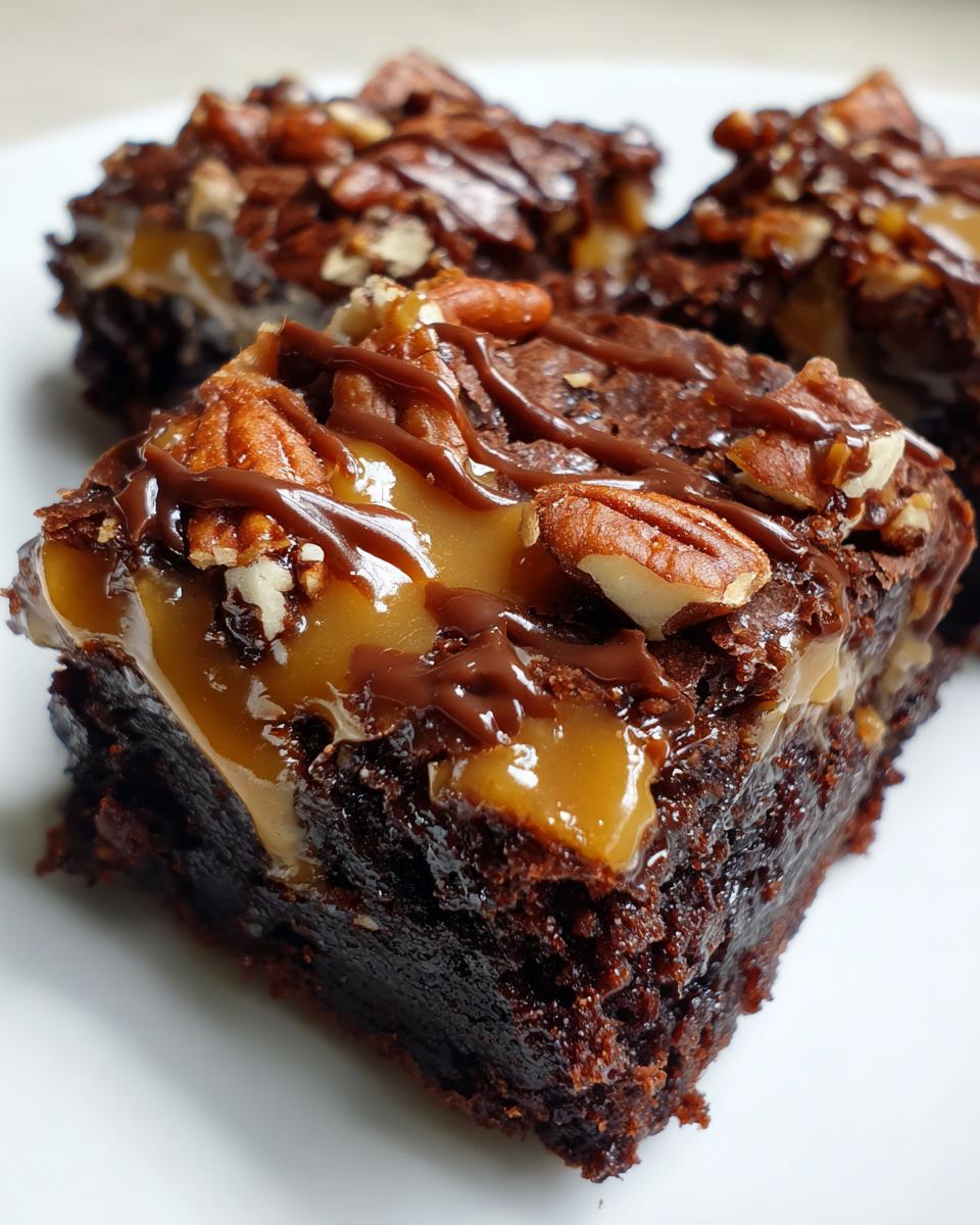 A close-up of a rich, fudgy turtle brownies square topped with gooey caramel, chocolate drizzle, and pecans.