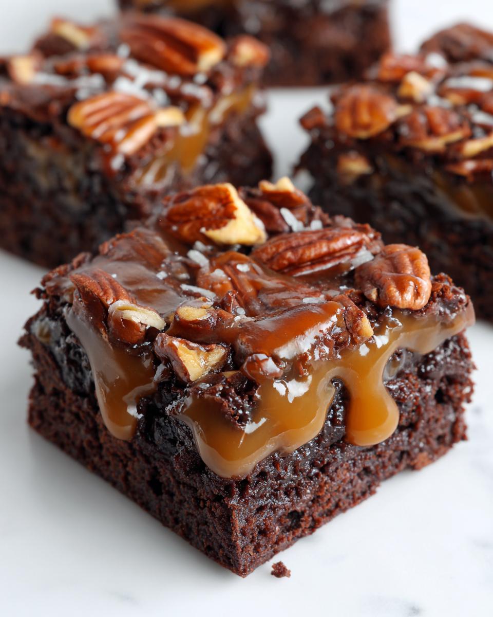 A rich, fudgy square of turtle brownies topped with dripping caramel sauce and toasted pecans.
