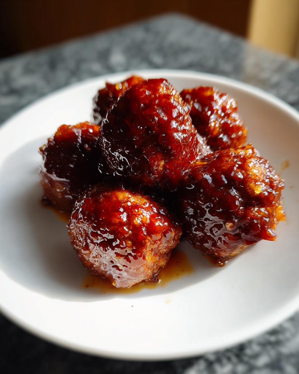 Close-up of several shiny, glazed grape jelly meatballs piled on a small white dish.