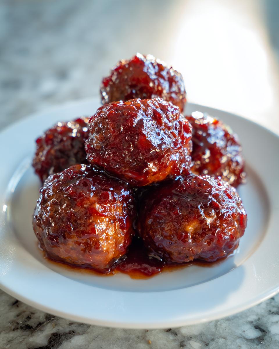 Close-up of five glistening grape jelly meatballs coated in a thick, sweet sauce stacked on a white plate.