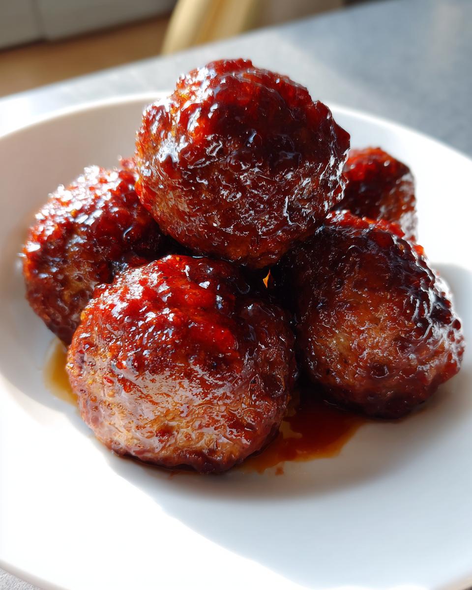Close-up of five glossy, glazed grape jelly meatballs piled on a white plate.