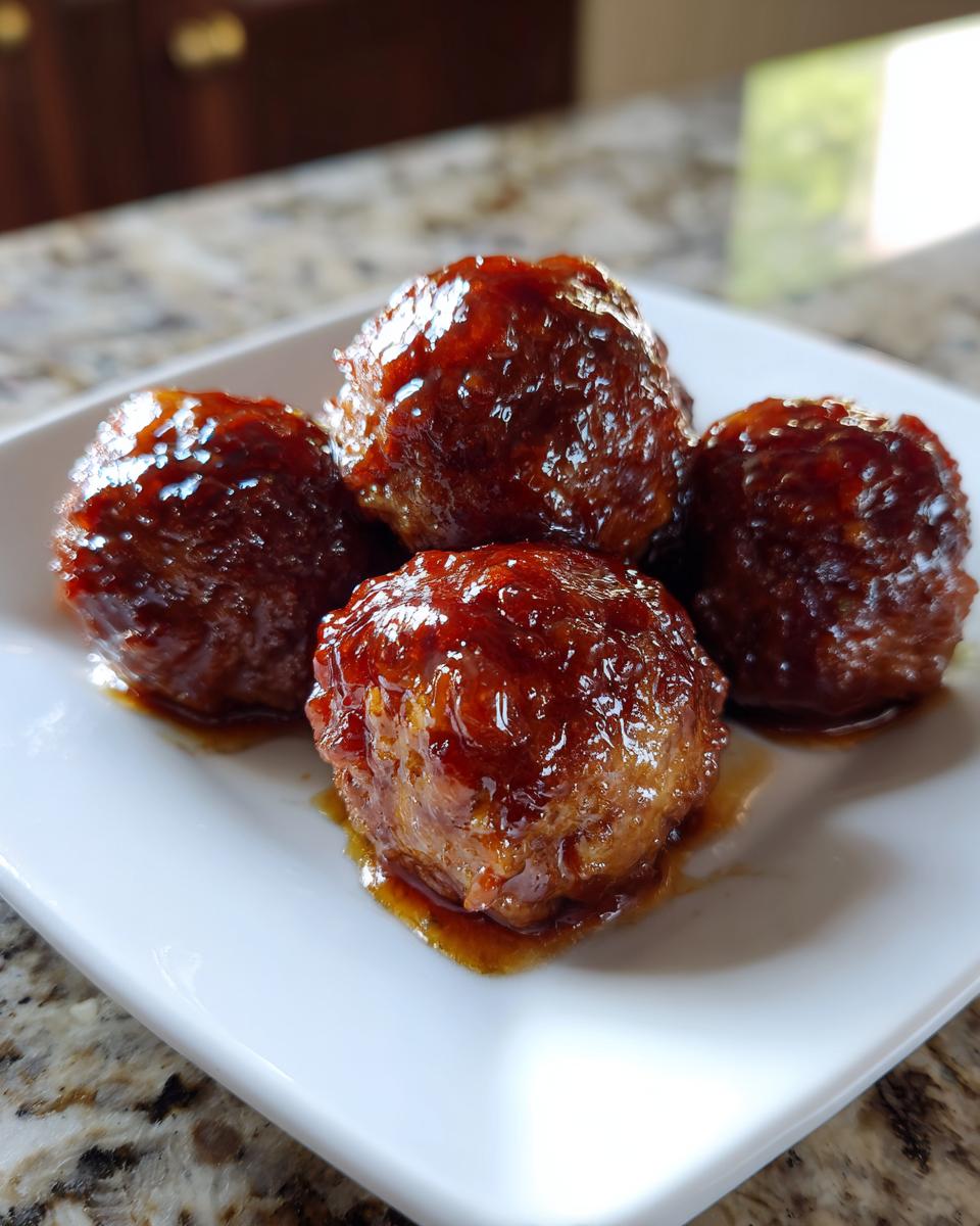 Close-up of four glistening grape jelly meatballs coated in a thick, sweet brown sauce, served on a white square plate.