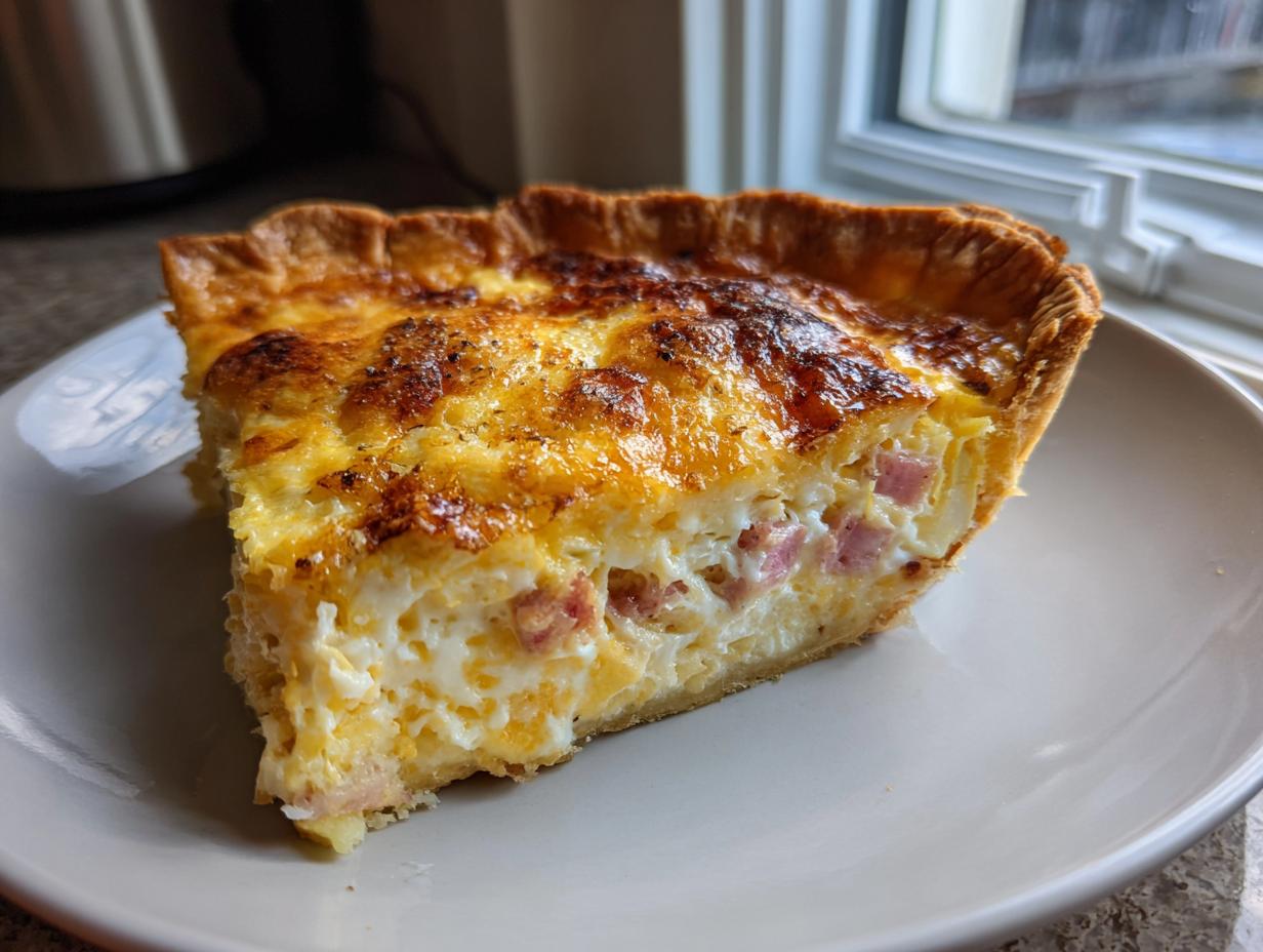 A close-up slice of delicious ham and cheese quiche with a golden, bubbly top, served on a white plate.