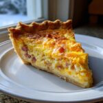 A close-up slice of golden-brown Ham and Cheese Quiche with visible ham pieces, sitting on a white plate.
