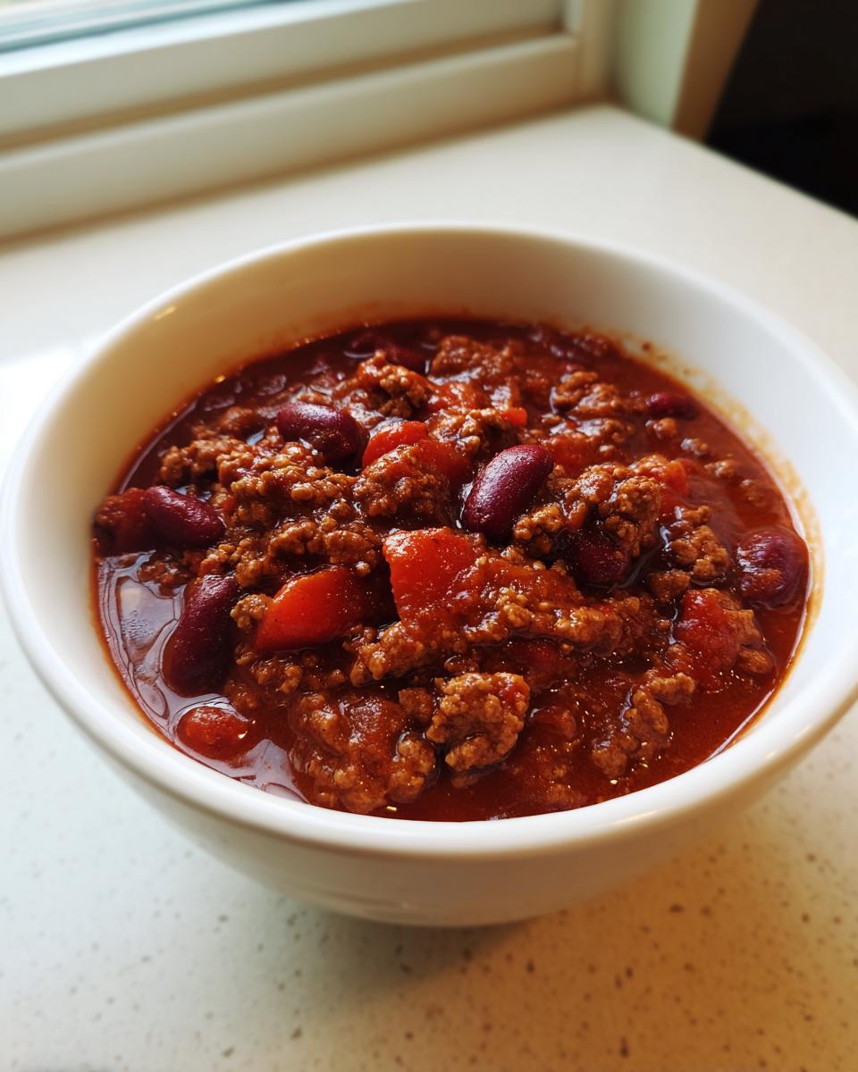 Close-up of a white bowl filled with rich, thick crockpot chili featuring ground beef and kidney beans.