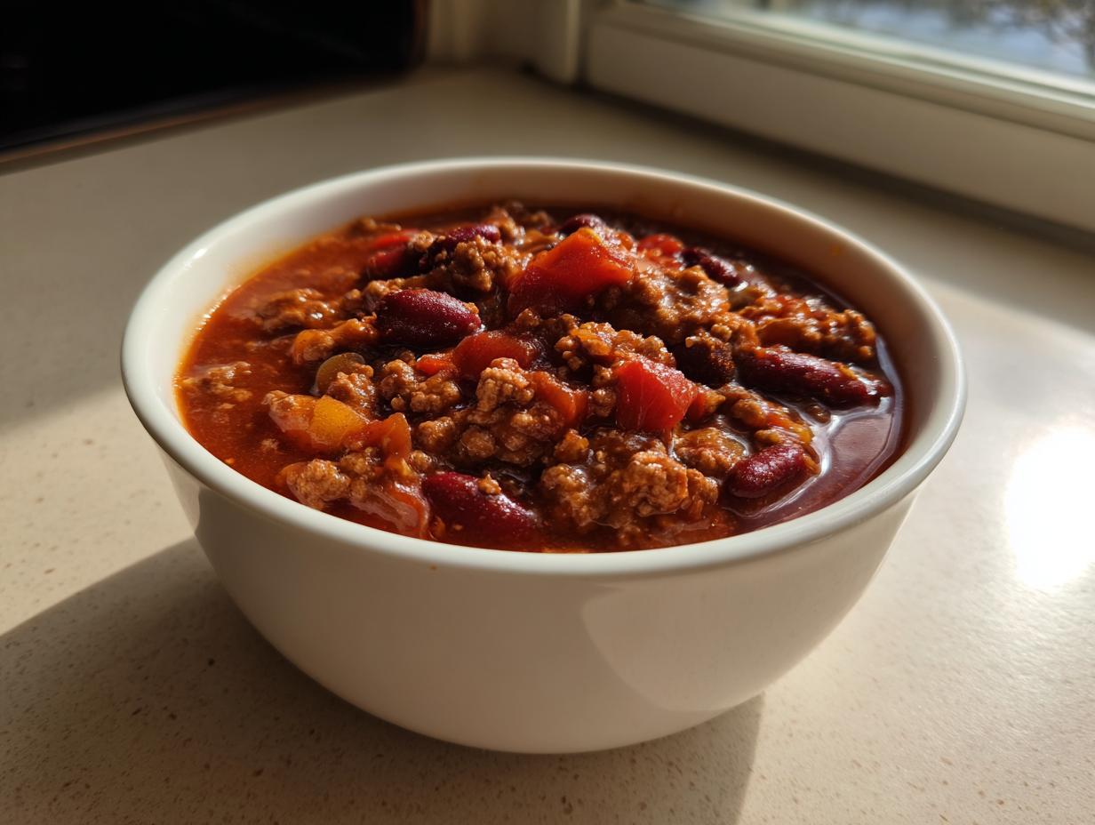 A close-up of a white bowl filled with rich, meaty crockpot chili featuring kidney beans and tomatoes.