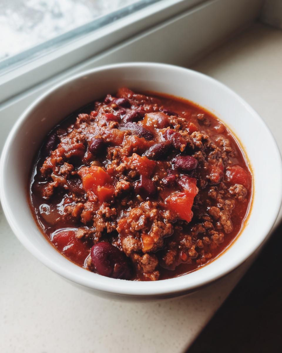 Close-up of a white bowl filled with rich, meaty crockpot chili featuring kidney beans and tomatoes.