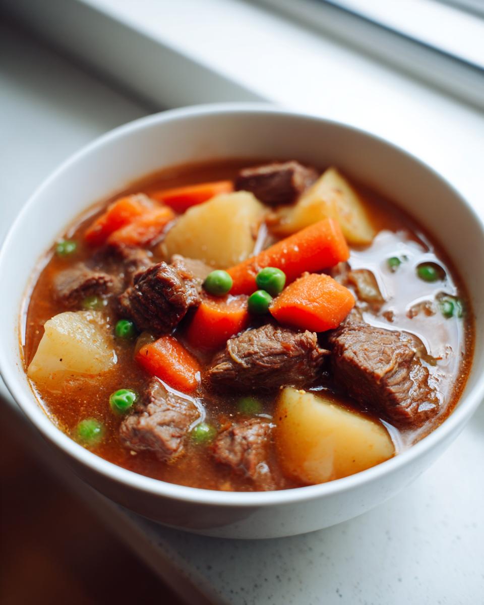Close-up of a white bowl filled with rich vegetable beef soup, featuring chunks of beef, potatoes, carrots, and peas.