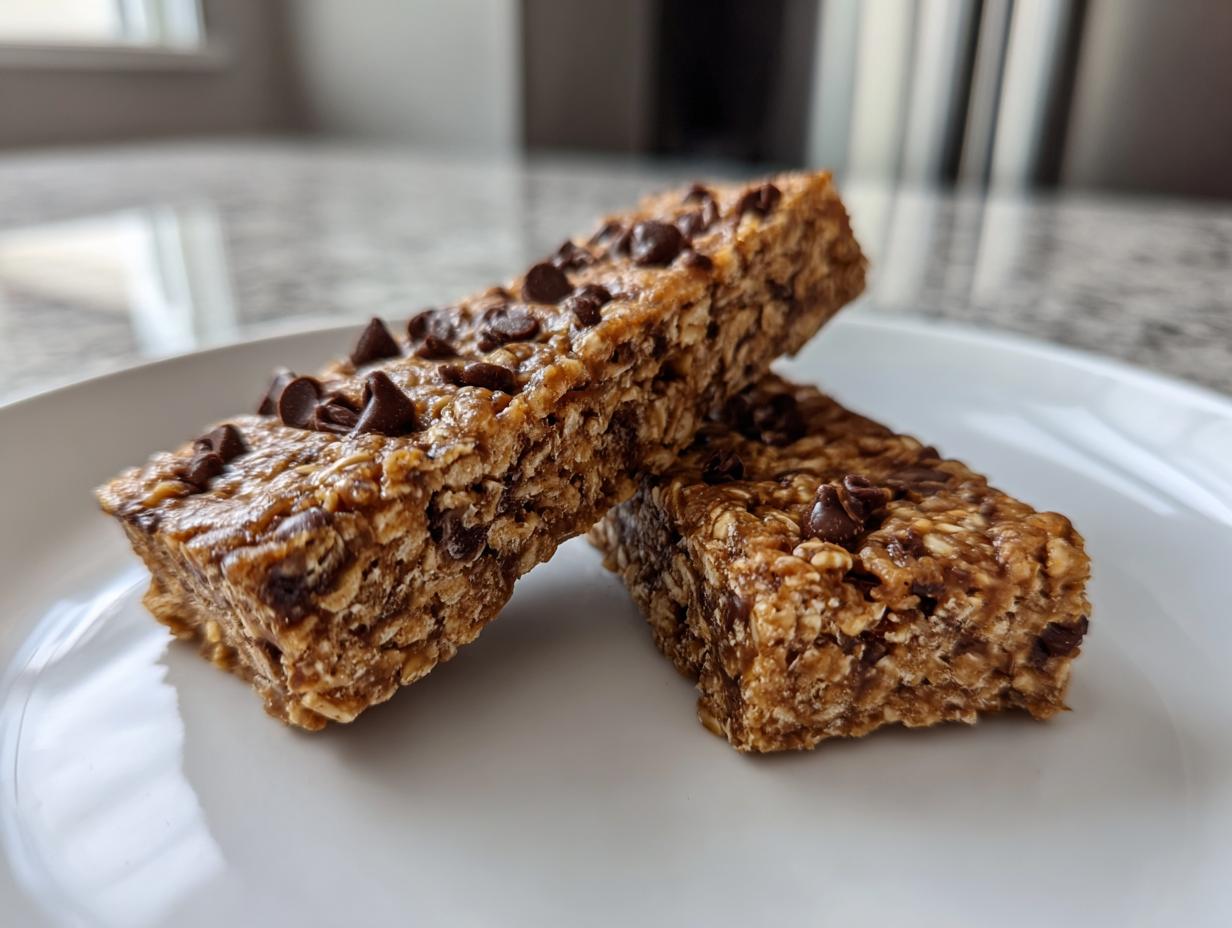 Two homemade chocolate chip protein bars stacked slightly on a white plate, showing oat texture.