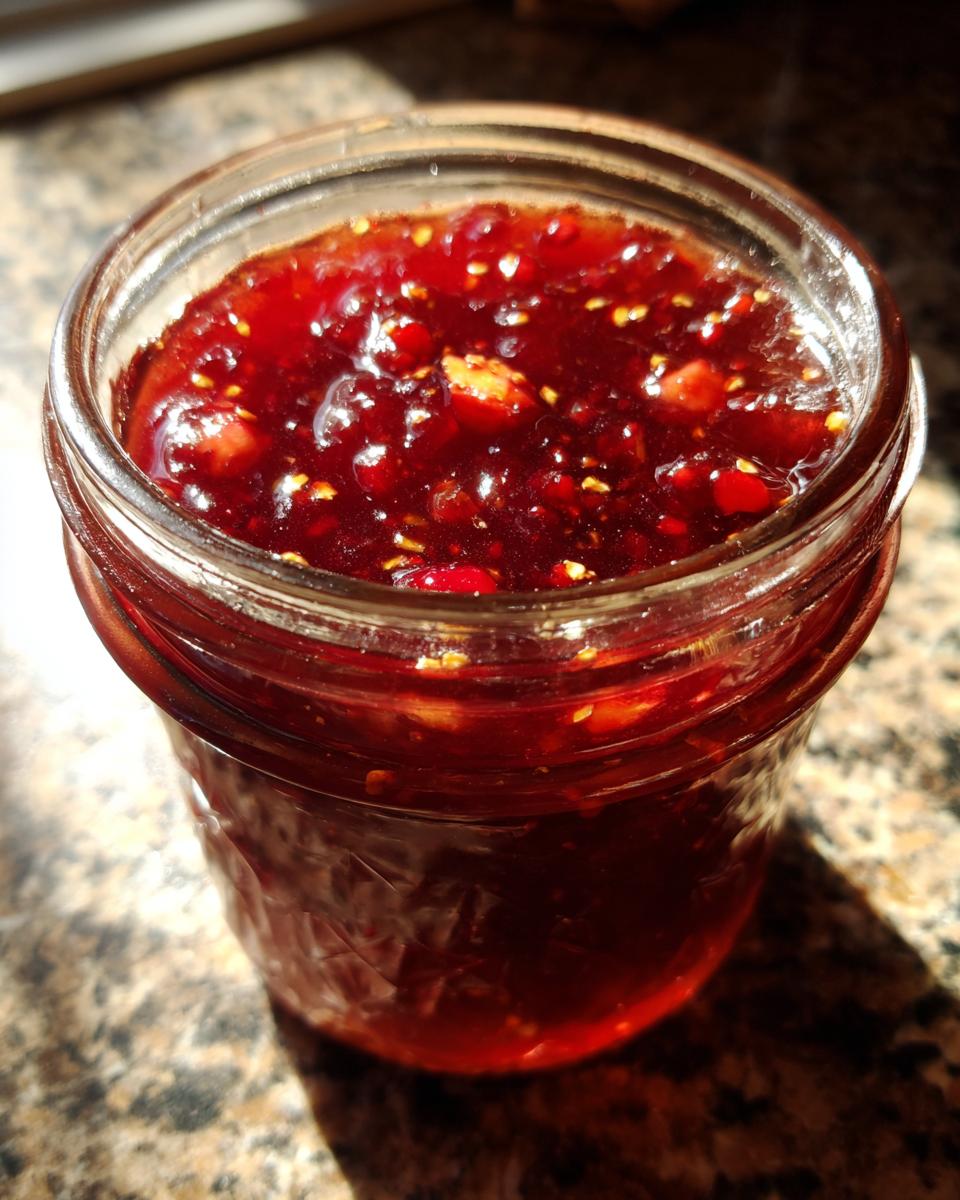 Close-up of a glass jar filled with glistening, deep red christmas jam containing visible seeds and fruit pieces.