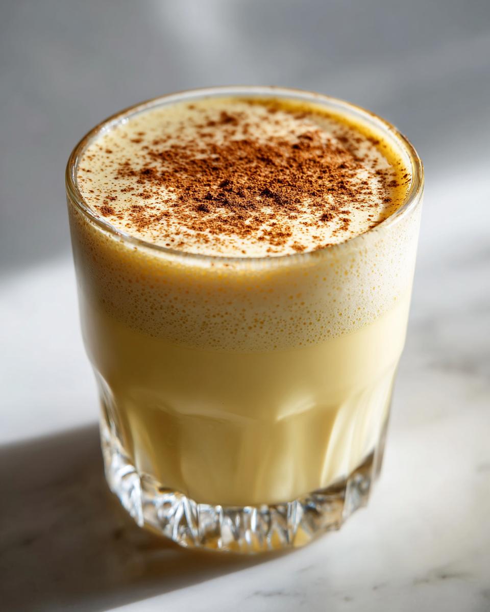 A close-up of homemade eggnog in a textured glass, topped with a dusting of cinnamon.