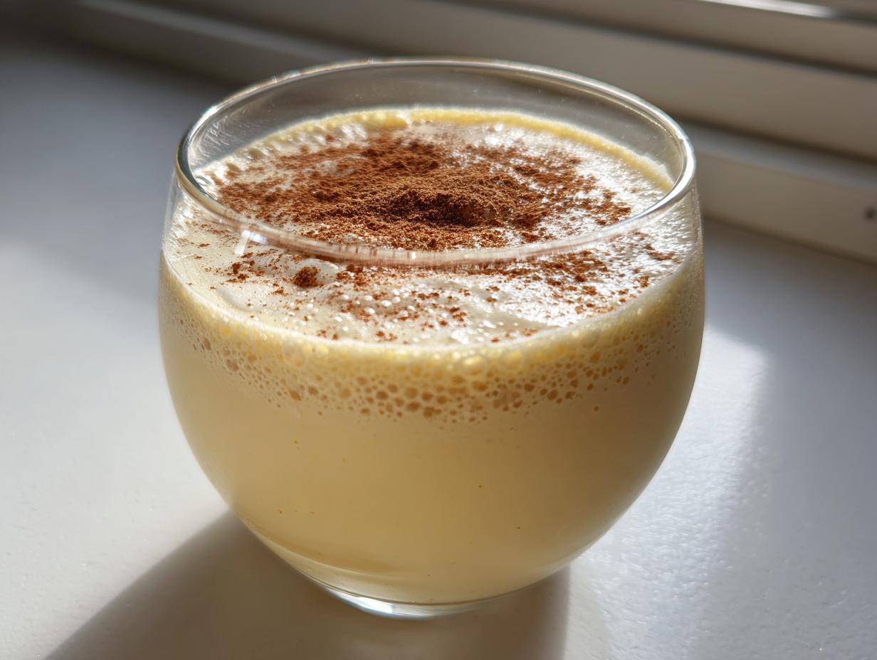 Close-up of a glass filled with creamy homemade eggnog, topped with a dusting of ground cinnamon.