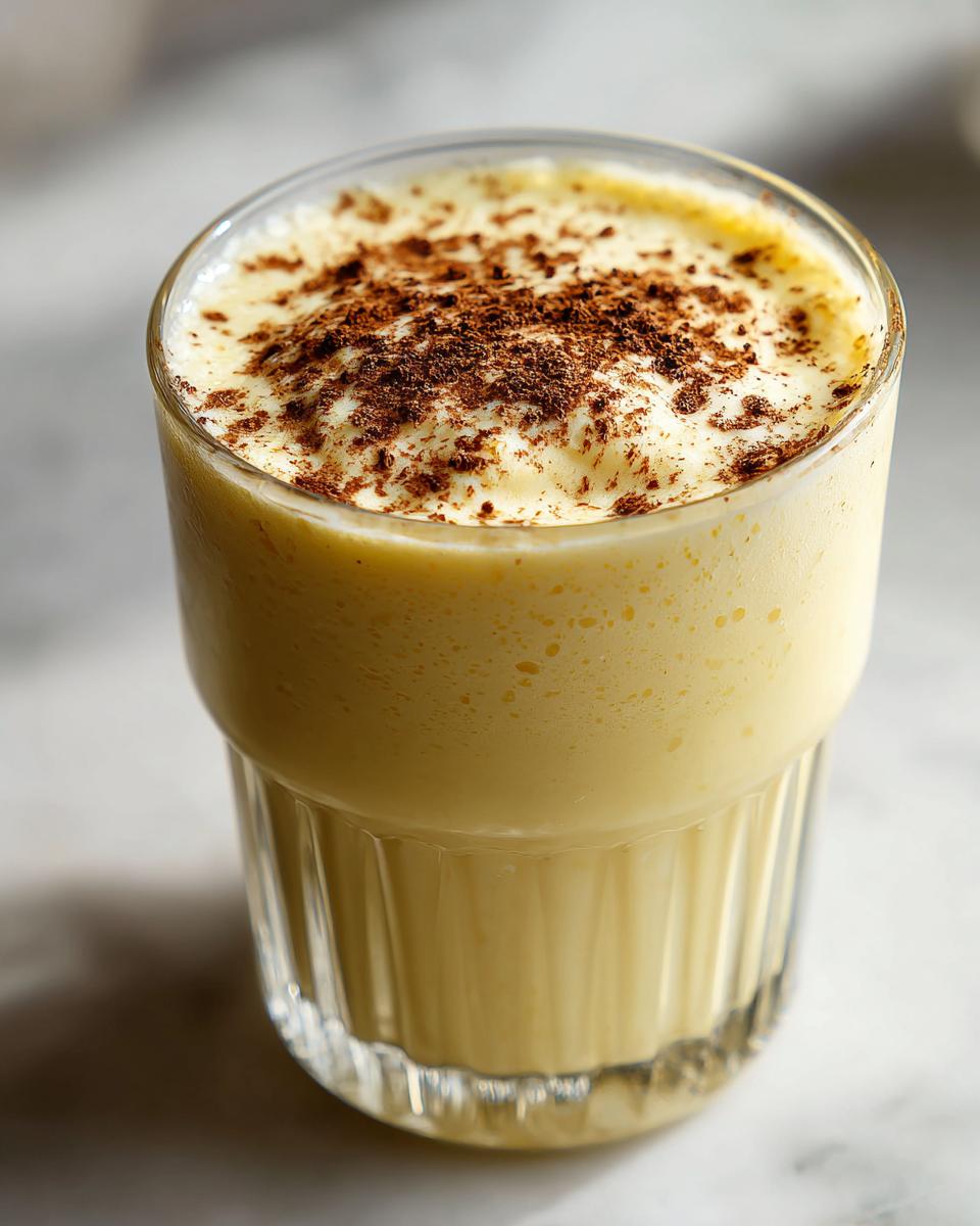 Close-up of homemade eggnog in a ribbed glass, topped with a dusting of dark spice, likely nutmeg.