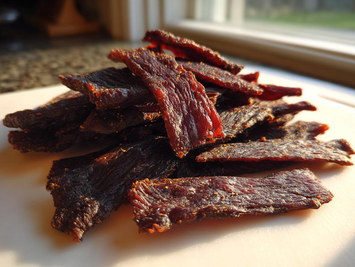 A close-up pile of dark, richly seasoned venison jerky strips catching the sunlight on a white cutting board.