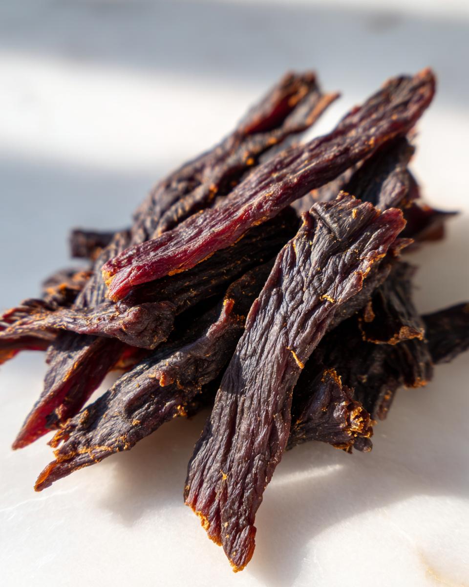 Close-up of dark, richly seasoned venison jerky strips piled on a bright white surface.