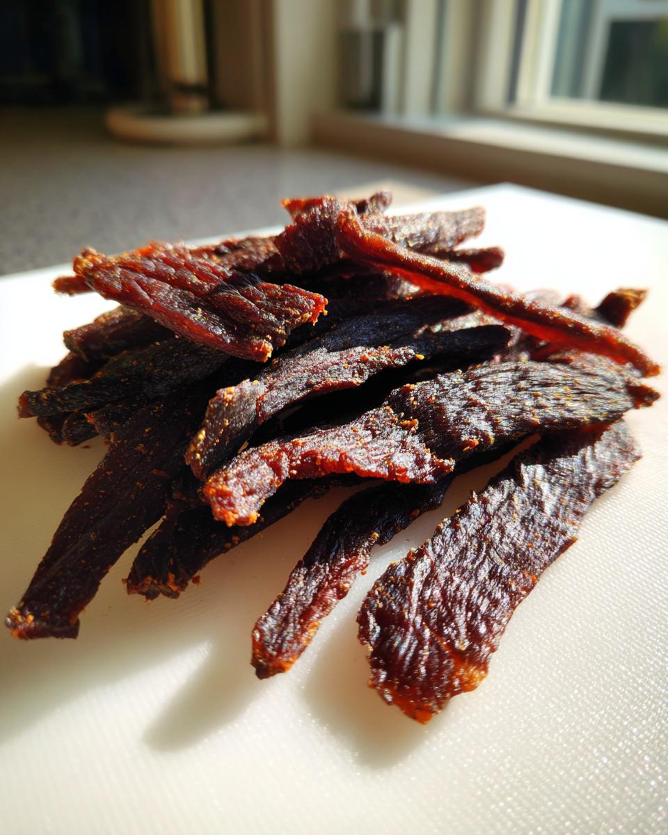 Close-up of dark, richly seasoned venison jerky strips piled on a white cutting board.