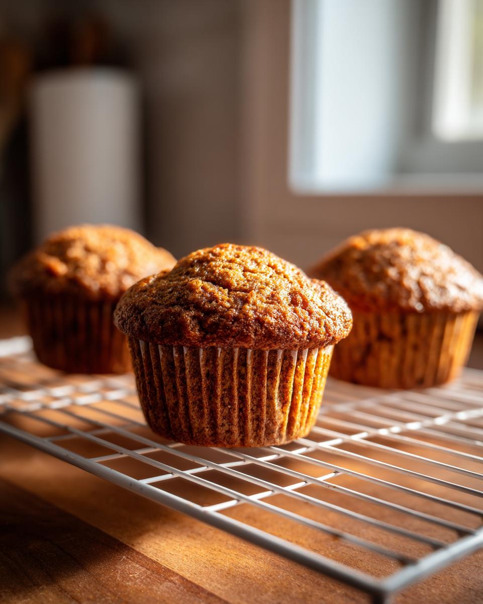 Three golden brown honey bran muffins cooling on a white wire rack on a wooden surface.
