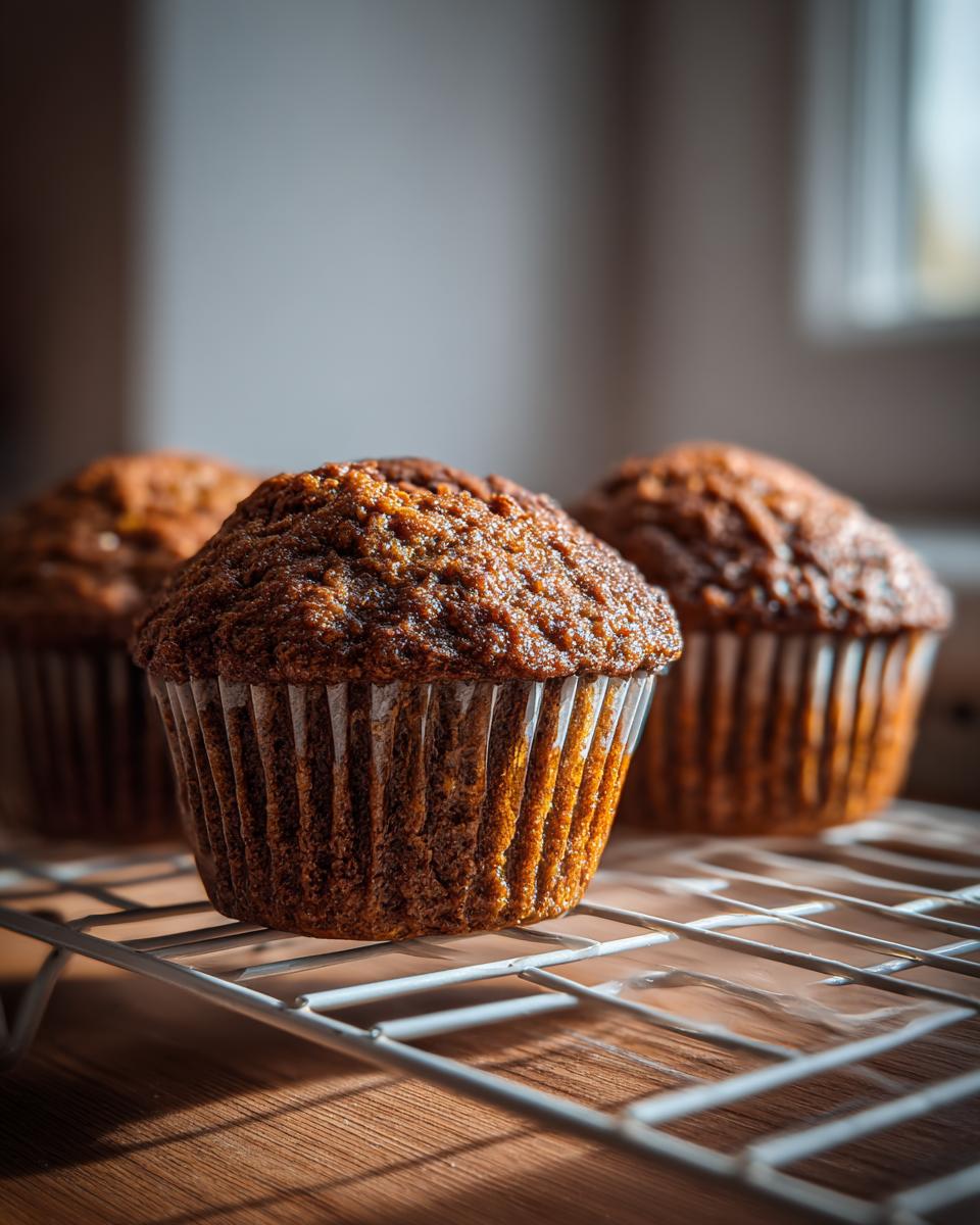 Three dark, moist honey bran muffins cooling on a white wire rack with dramatic lighting.