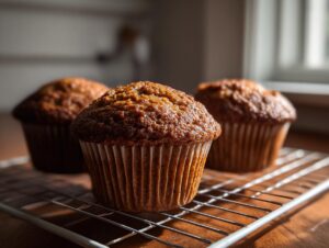 Three golden brown honey bran muffins cooling on a wire rack, highlighted by dramatic natural light.