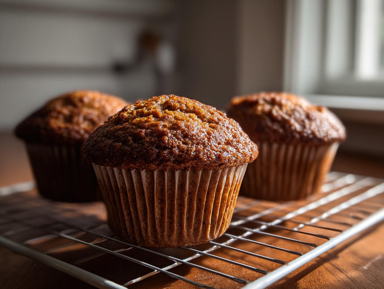 Three golden brown honey bran muffins cooling on a wire rack, highlighted by dramatic natural light.