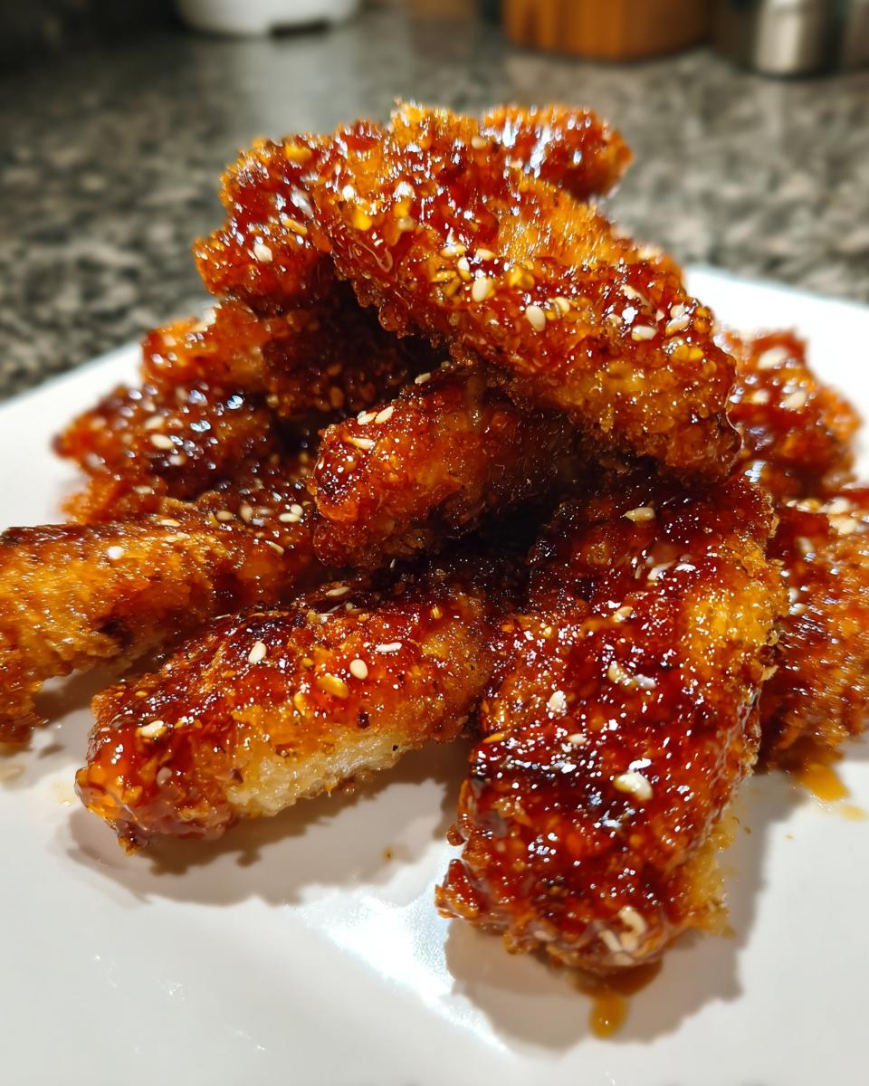 A close-up of crispy hot honey chicken tenders coated in a shiny, dark glaze and sprinkled with sesame seeds.