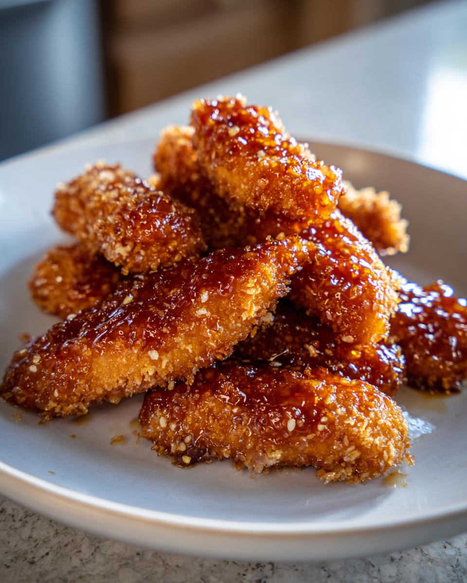 A pile of crispy, golden hot honey chicken tenders generously coated in a shiny, sweet, and spicy glaze with visible sesame seeds.