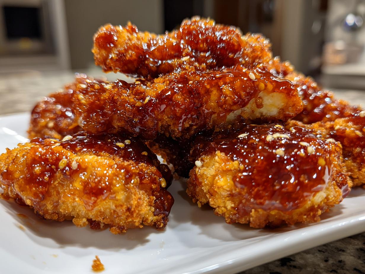 Close-up of crispy, golden hot honey chicken tenders generously coated in a glossy, dark glaze and sprinkled with sesame seeds.