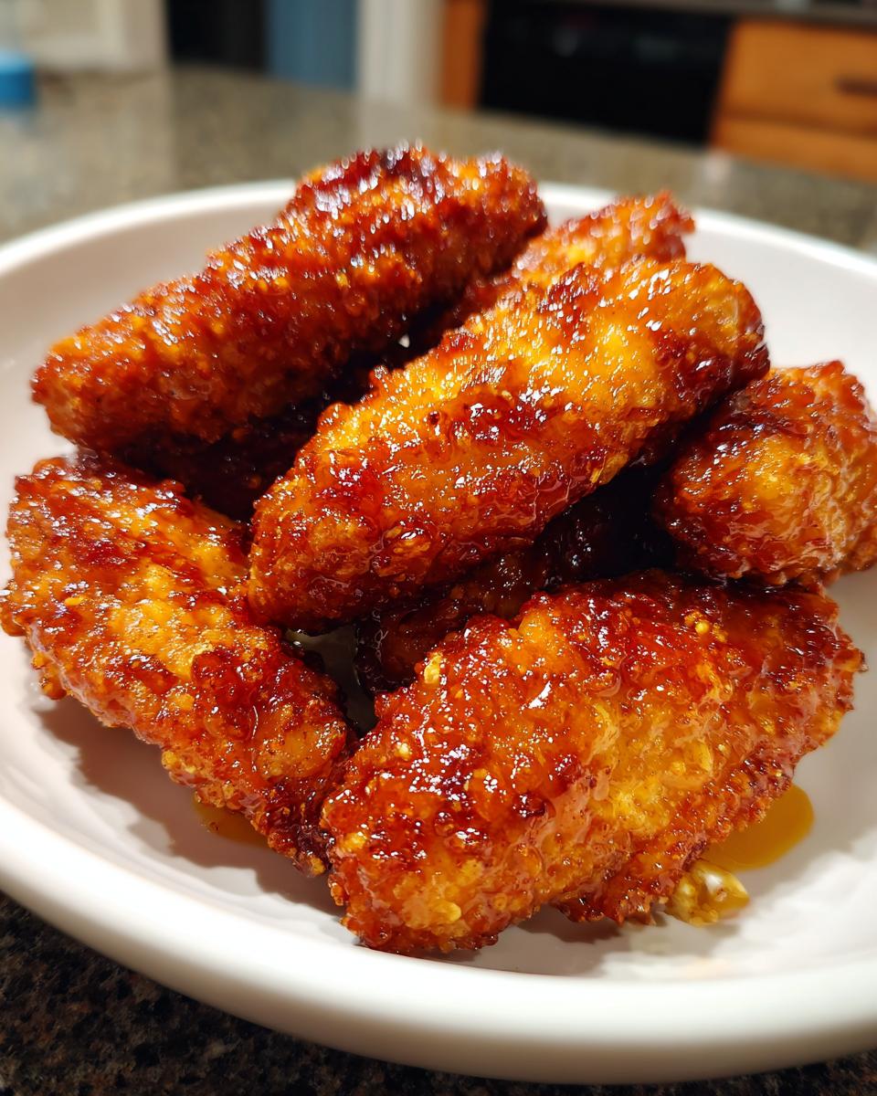 Close-up of crispy, golden brown hot honey chicken tenders heavily coated in a shiny, sticky orange glaze.