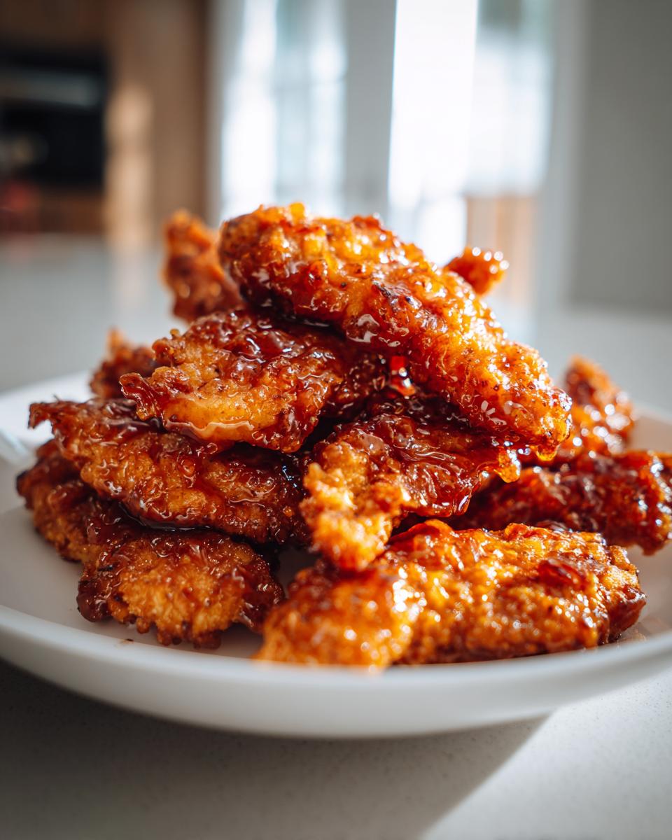 A close-up of crispy, golden brown hot honey chicken tenders piled high and glistening with a sweet, sticky glaze.