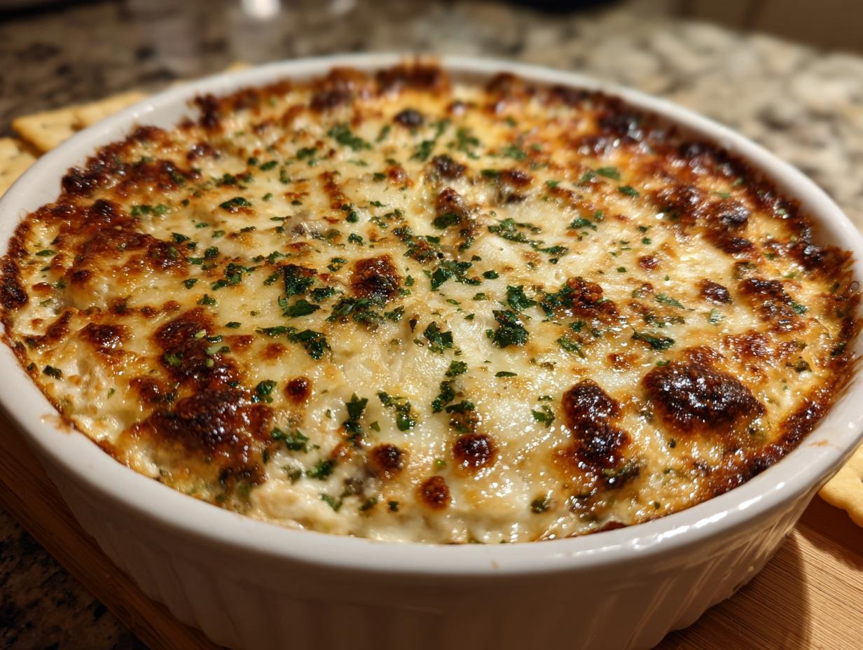 A close-up of hot, bubbly stuffed mushroom dip with a golden-brown, cheesy crust and parsley garnish.