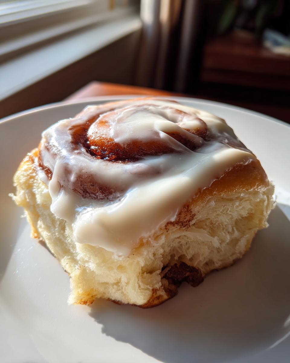 A fluffy, freshly baked cinnamon roll generously topped with white icing, sitting on a white plate in bright sunlight.